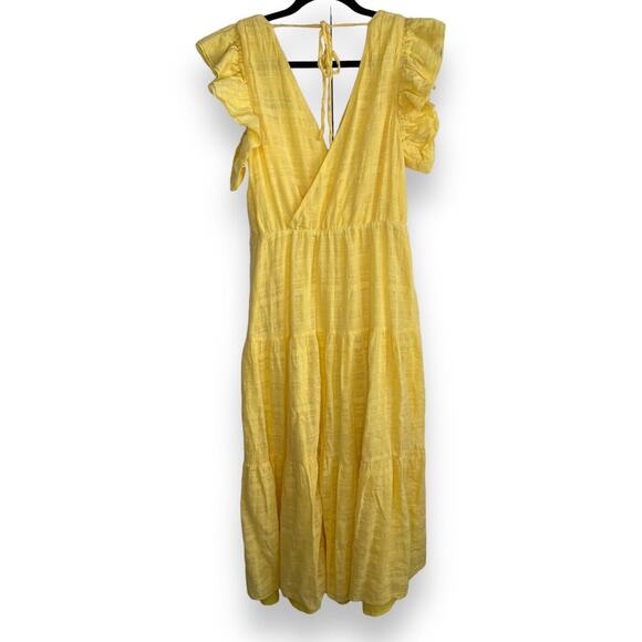 Maggy London Sz 10 Tiered Midi Sundress Yellow Flutter Cap Sleeve Silver Thread - Picture 2 of 13